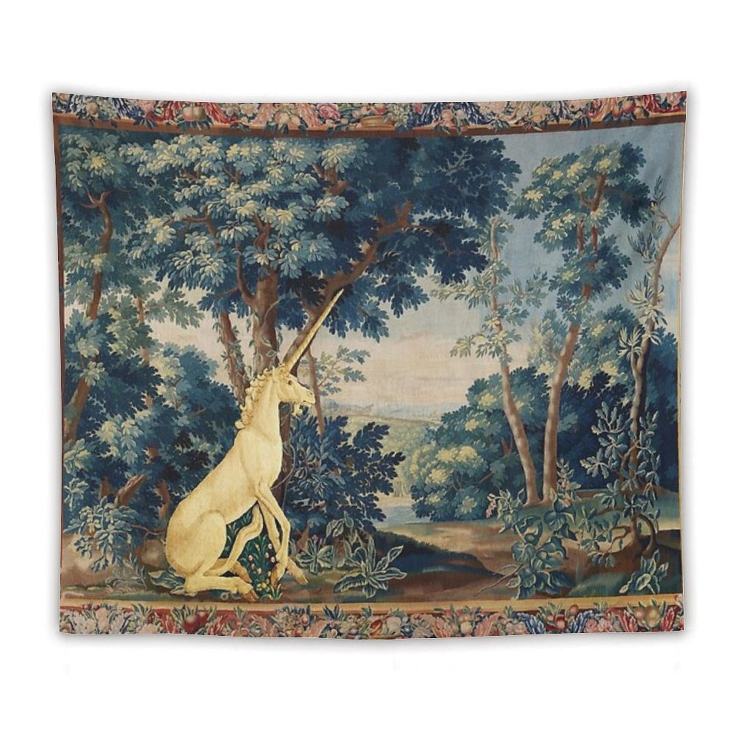 UNICORN IN WOODLAND LANDSCAPE AMONG GREENERY AND TREES Tapestry