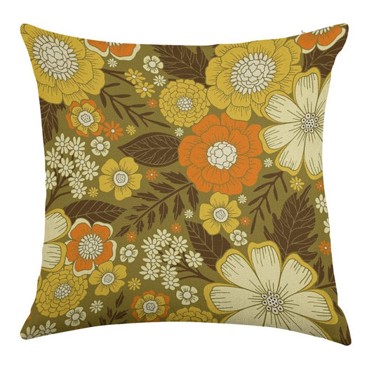 1970s RetroVintage Floral Pattern Linen Throw Pillow Cover