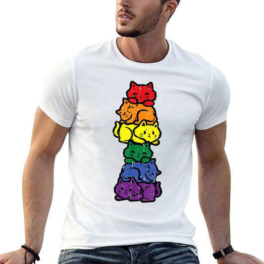 Gay Pride Cat Stack Rainbow Lgbt Anime Men Women Kids Stretchy T-Shirt