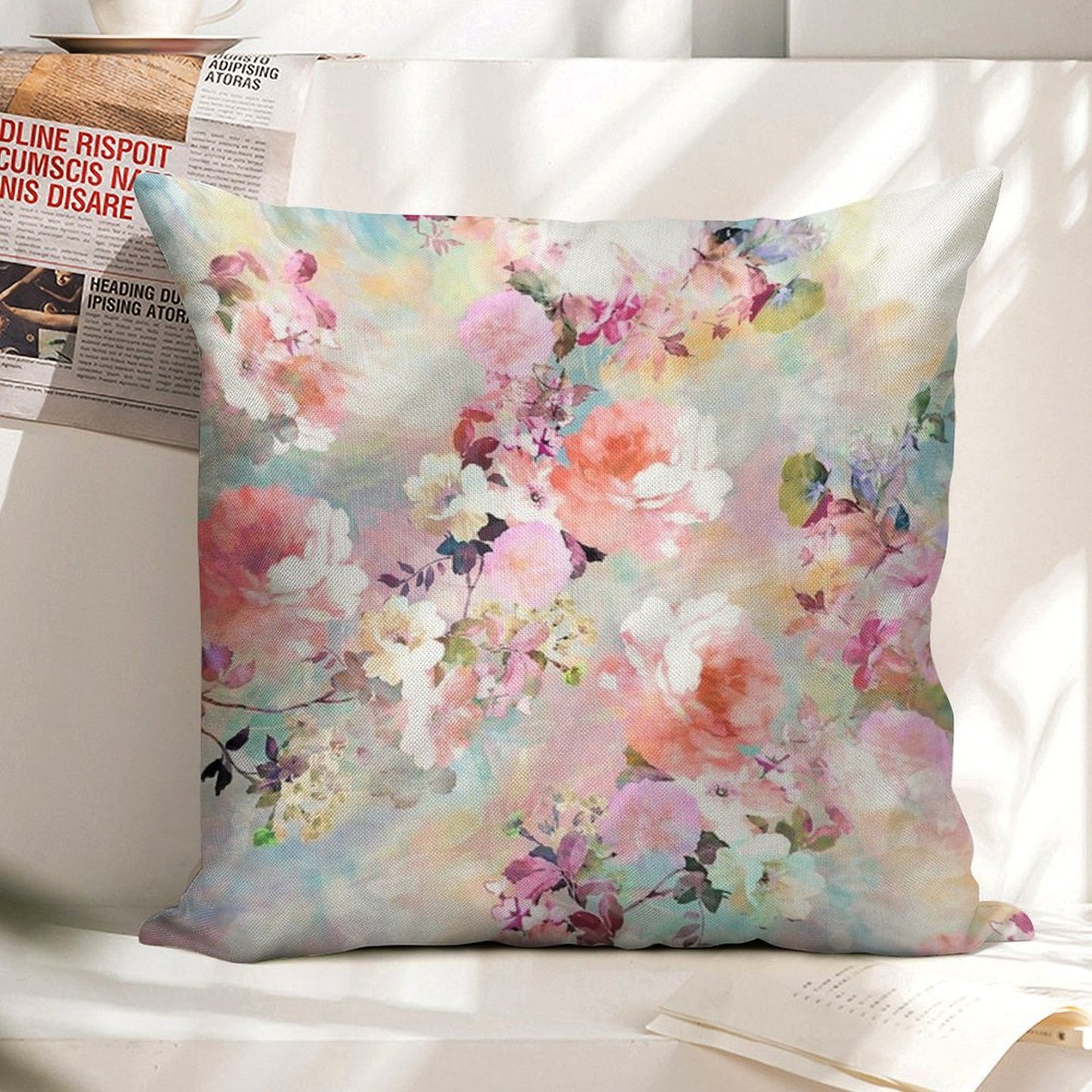 Romantic Pink Teal Watercolor Chic Floral Pattern Linen Throw Pillow Cover