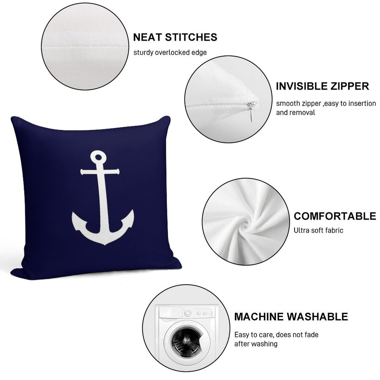 White Anchor On Navy Blue Soft Short Plush Fabric Throw Pillow