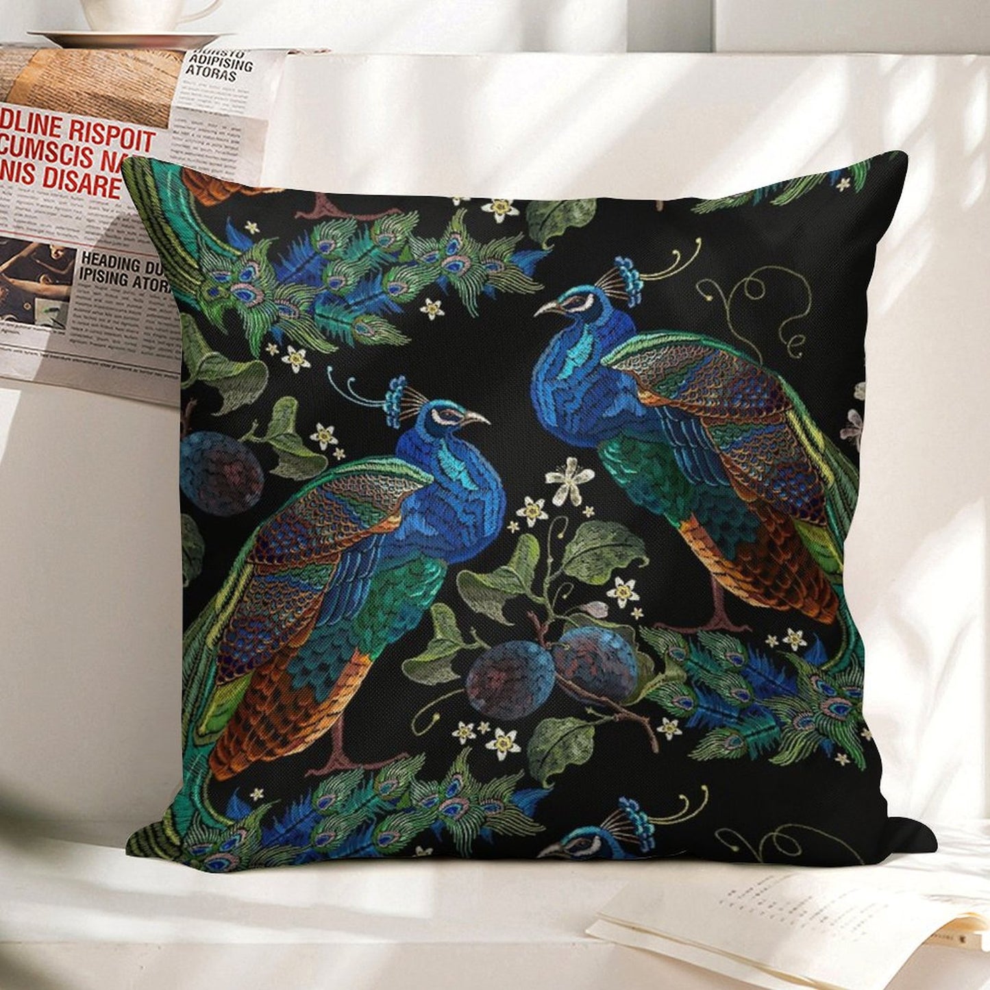 Embroidery Peacocks Linen Throw Pillow Cover