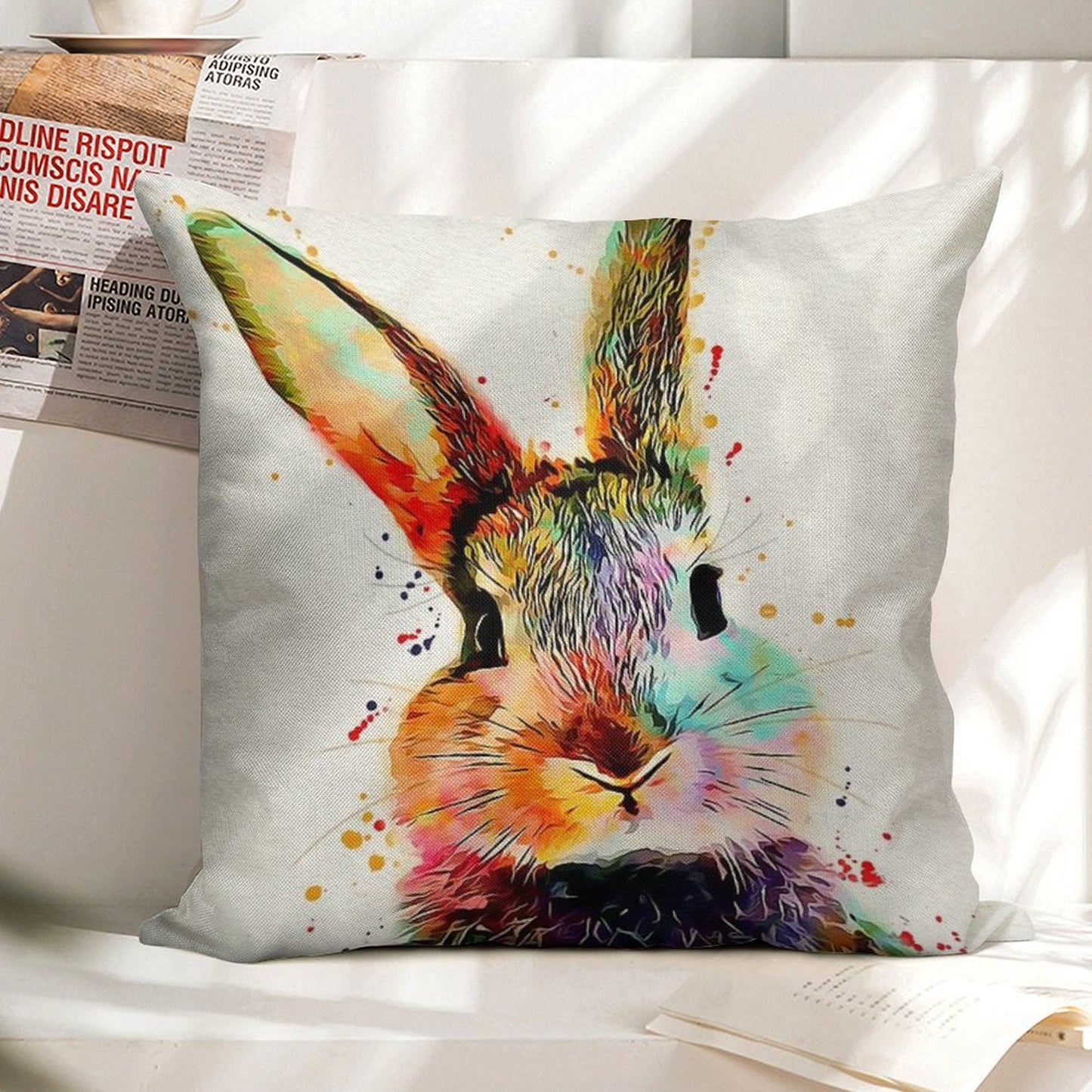 Rabbit Watercolor Art Work Linen Throw Pillow Cover