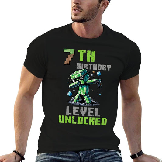 7th Birthday Level Unlocked Pixel Dab 7 Bday Gamer Boys Kids Graphic-printed T-Shirt