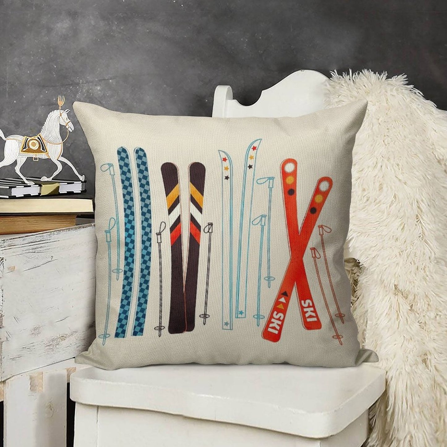 Colorful Retro Ski Illustration Linen Throw Pillow Cover