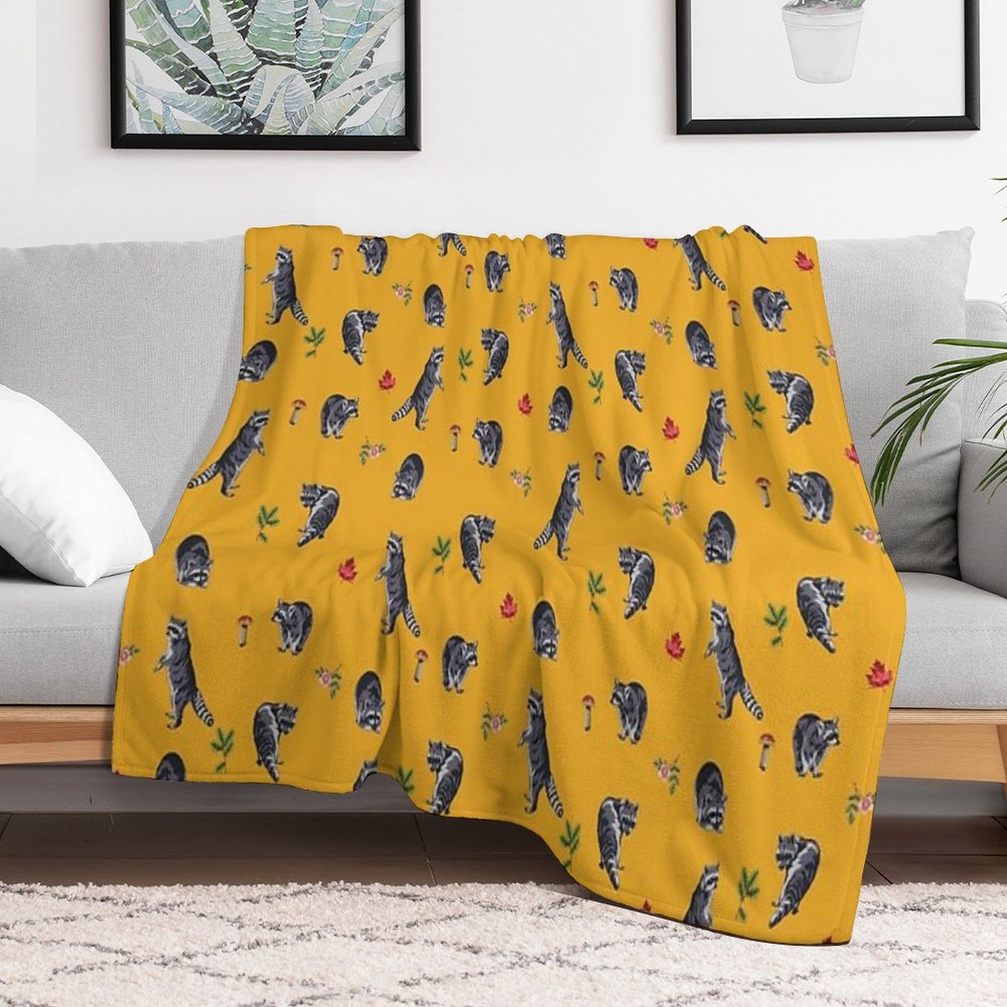 Mustard Raccoon Pattern Throw Blanket