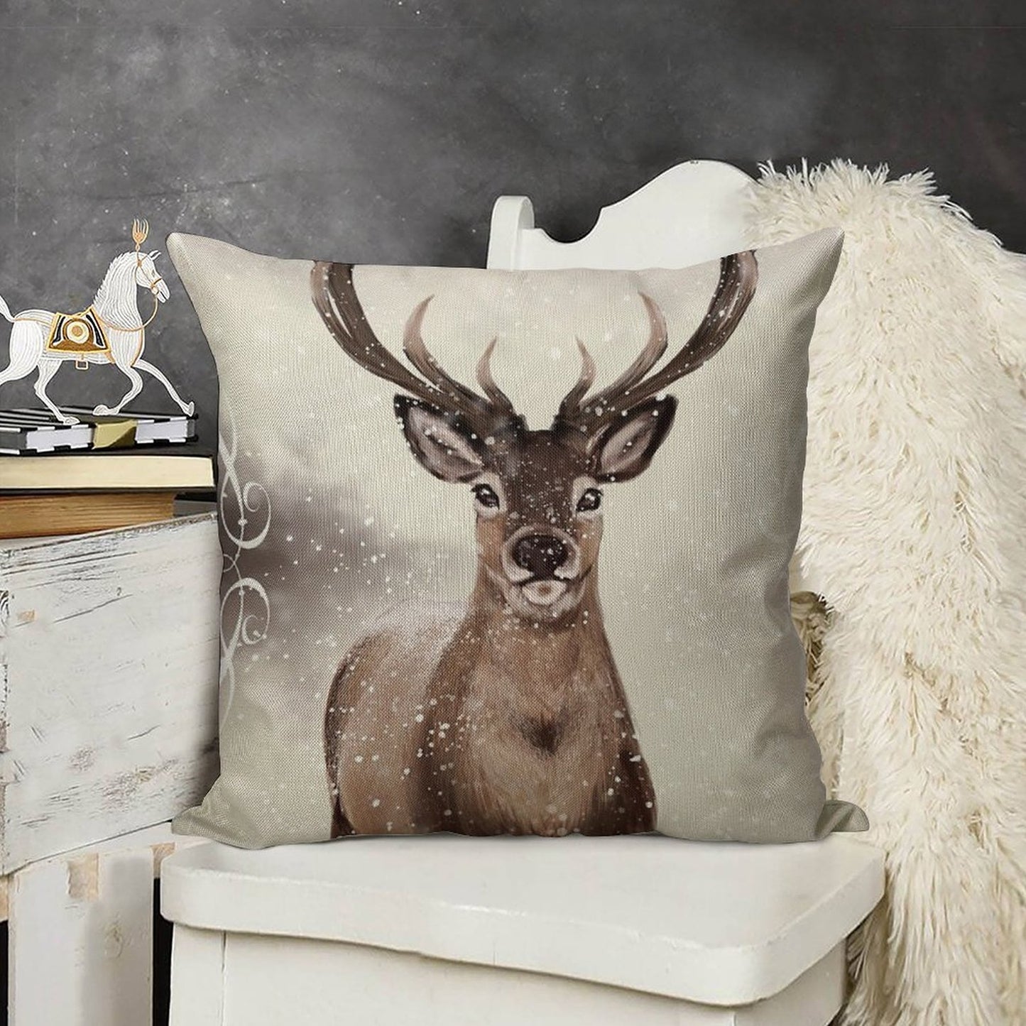 Winter Deer Linen Throw Pillow Cover