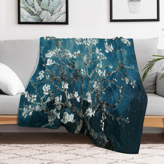 Van Gogh Almond Blossoms Dark Teal Throw Blanket