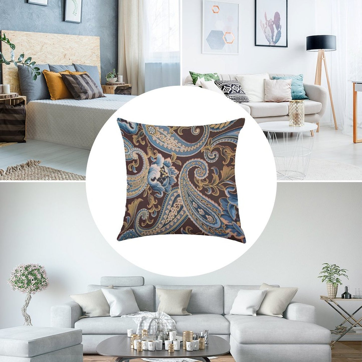 Blue Brown Vintage Paisley Linen Throw Pillow Cover