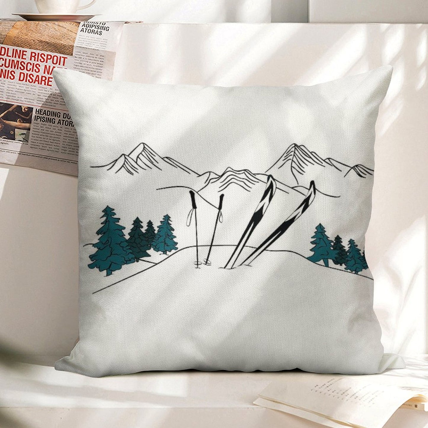 Ski You Later Winter Sports Scene Linen Throw Pillow Cover
