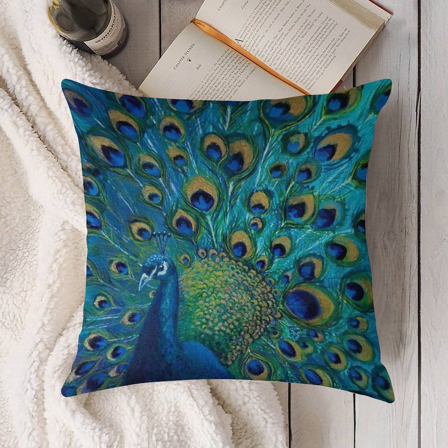 Peacock Full Glory 2 Linen Throw Pillow Cover