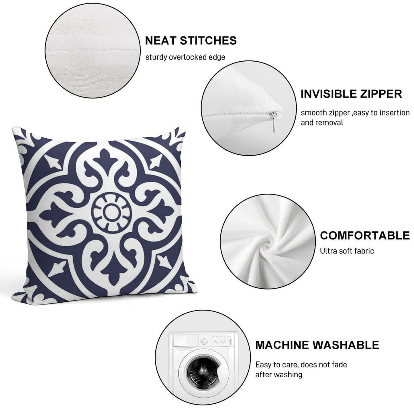 Hamptons Blue And White Moroccan Talavera Tile Soft Short Plush Fabric Throw Pillow