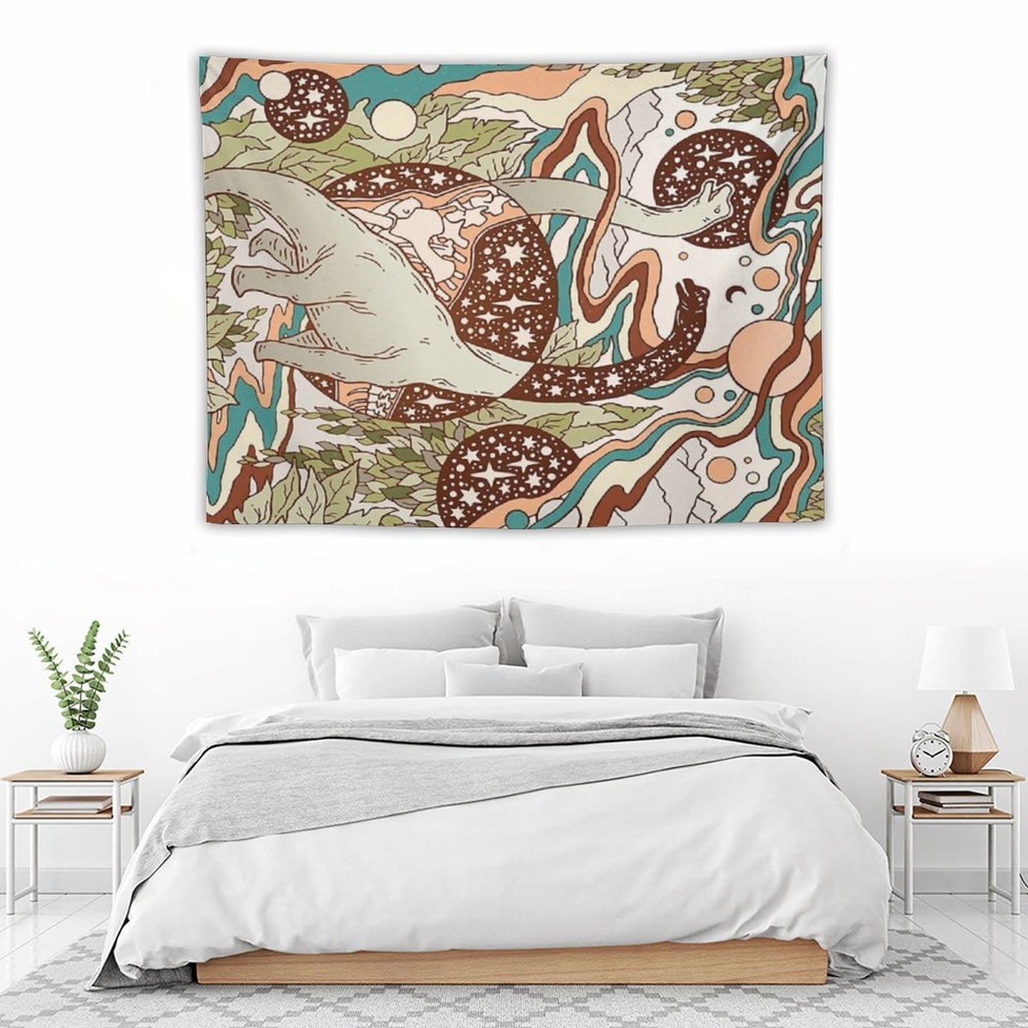 Jurassic Portal Retro Rainbow Palette Dinosaur Science Fiction Art Tapestry