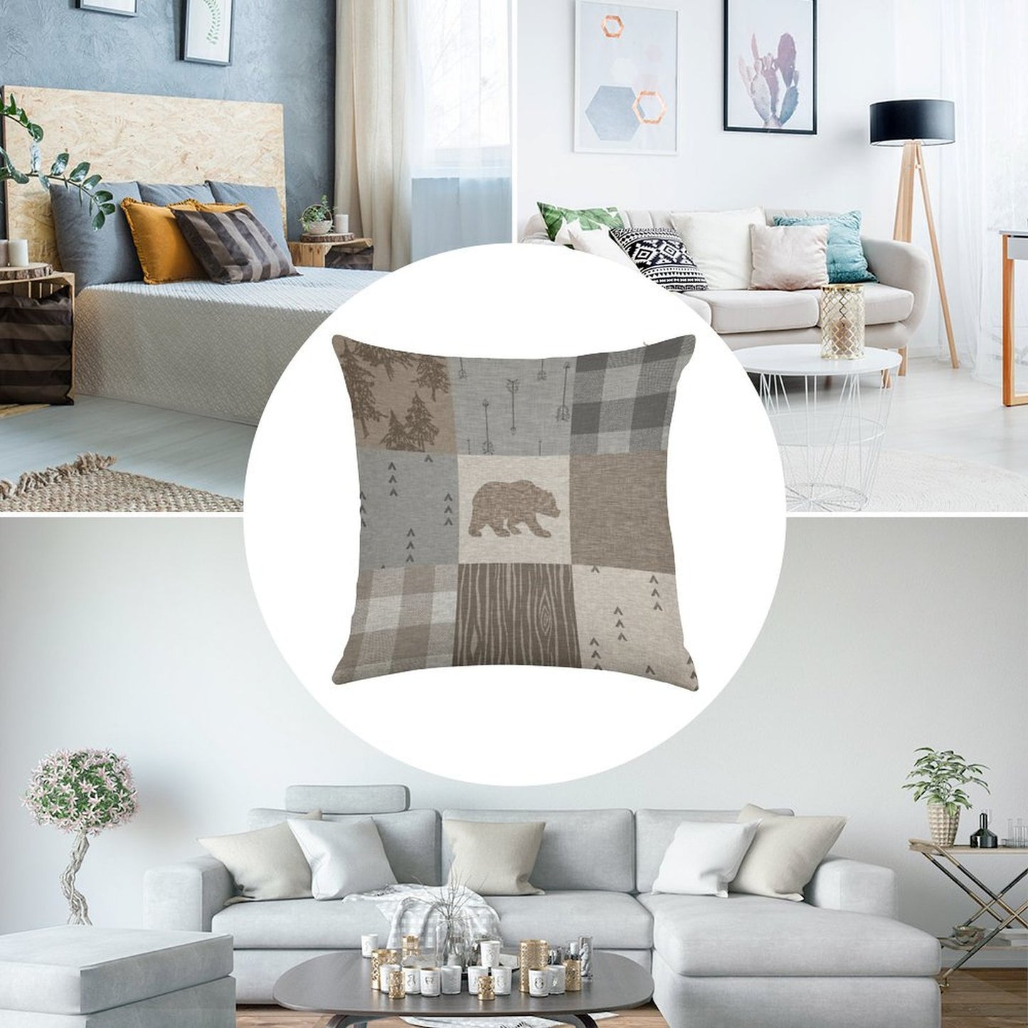 Bear Patchwork - Rustic Neutrals Linen Throw Pillow Cover