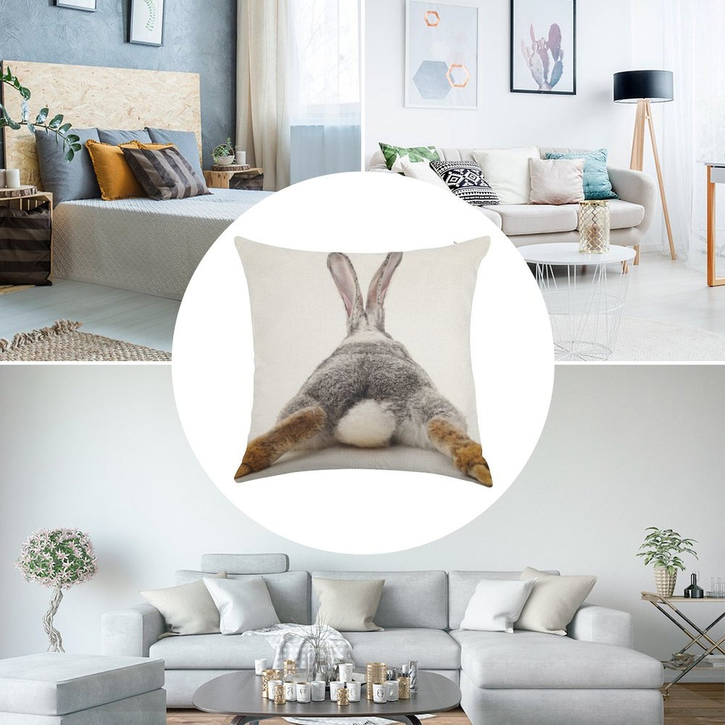 Just Relax Rabbit - View from Behind Linen Throw Pillow Cover