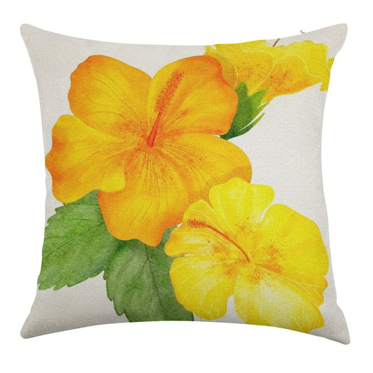 Yellow Hibiscus Watercolor Linen Throw Pillow Cover
