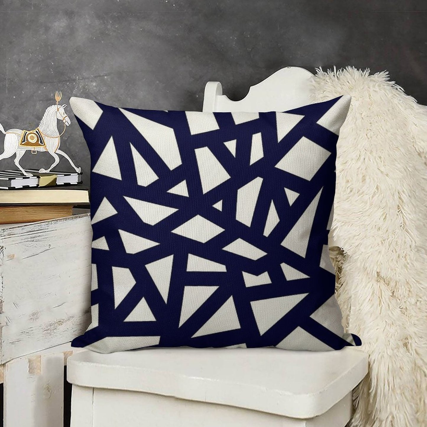 Navy Blue Thick Mosaic Lines On White Linen Throw Pillow Cover
