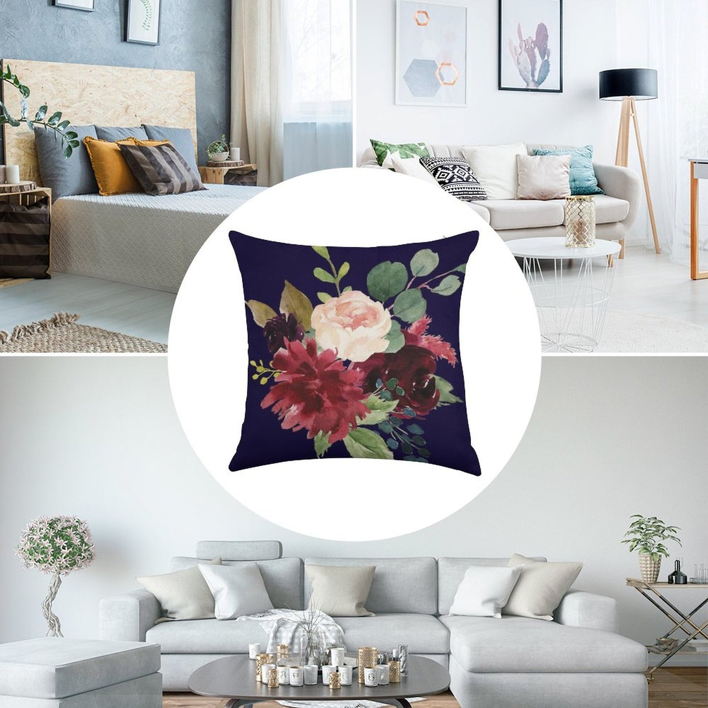 Navy, Burgundy And Blush Floral Art with Eucalyptus Linen Throw Pillow Cover