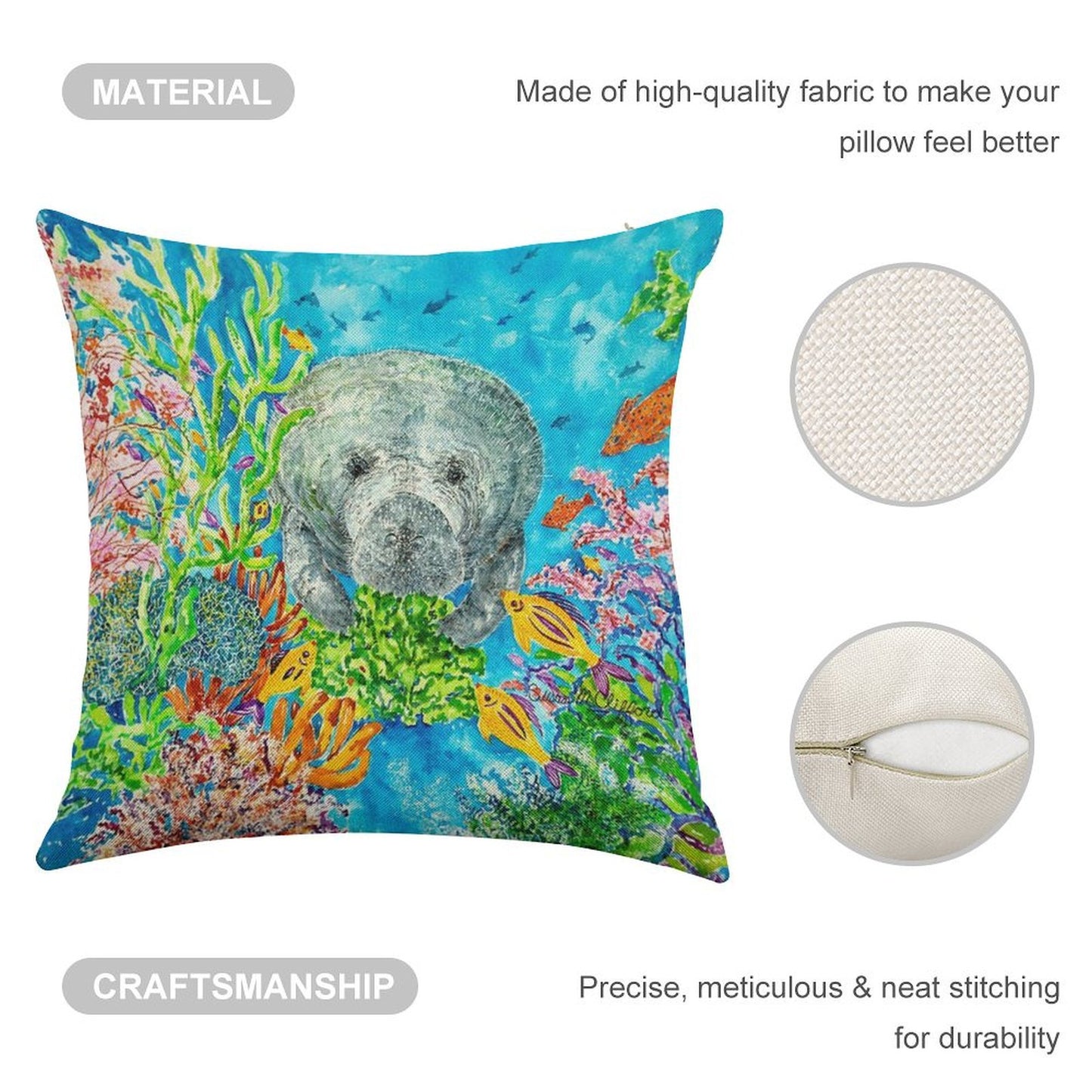 Manatee Lunchtime Linen Throw Pillow Cover