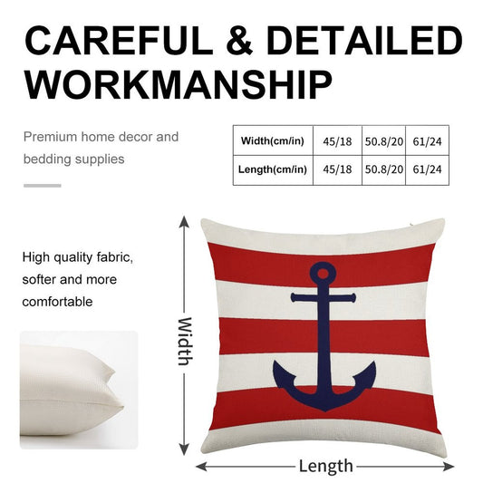 Nautical Navy Blue Anchor On Red Stripes Linen Throw Pillow Cover
