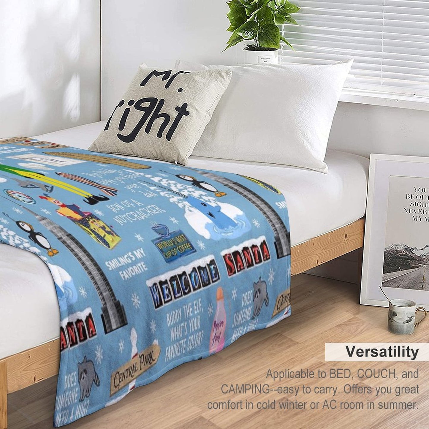 Buddy The Elf Collage, Blue Background Throw Blanket