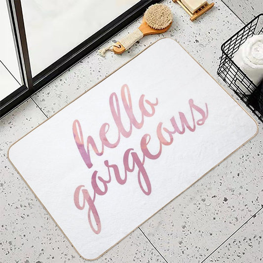 Hello Gorgeous in Pink Watercolor Bath Mat