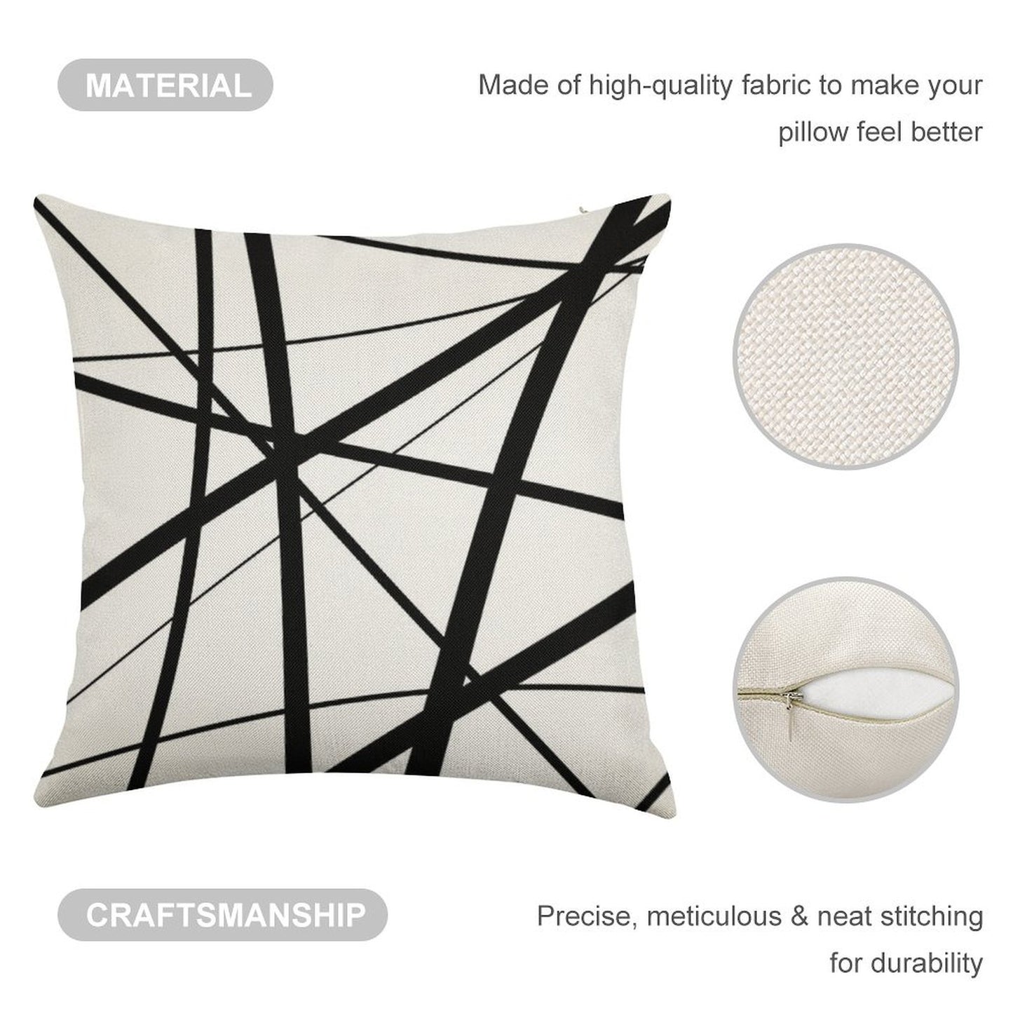 Black And White Geometric Lines Linen Throw Pillow Cover