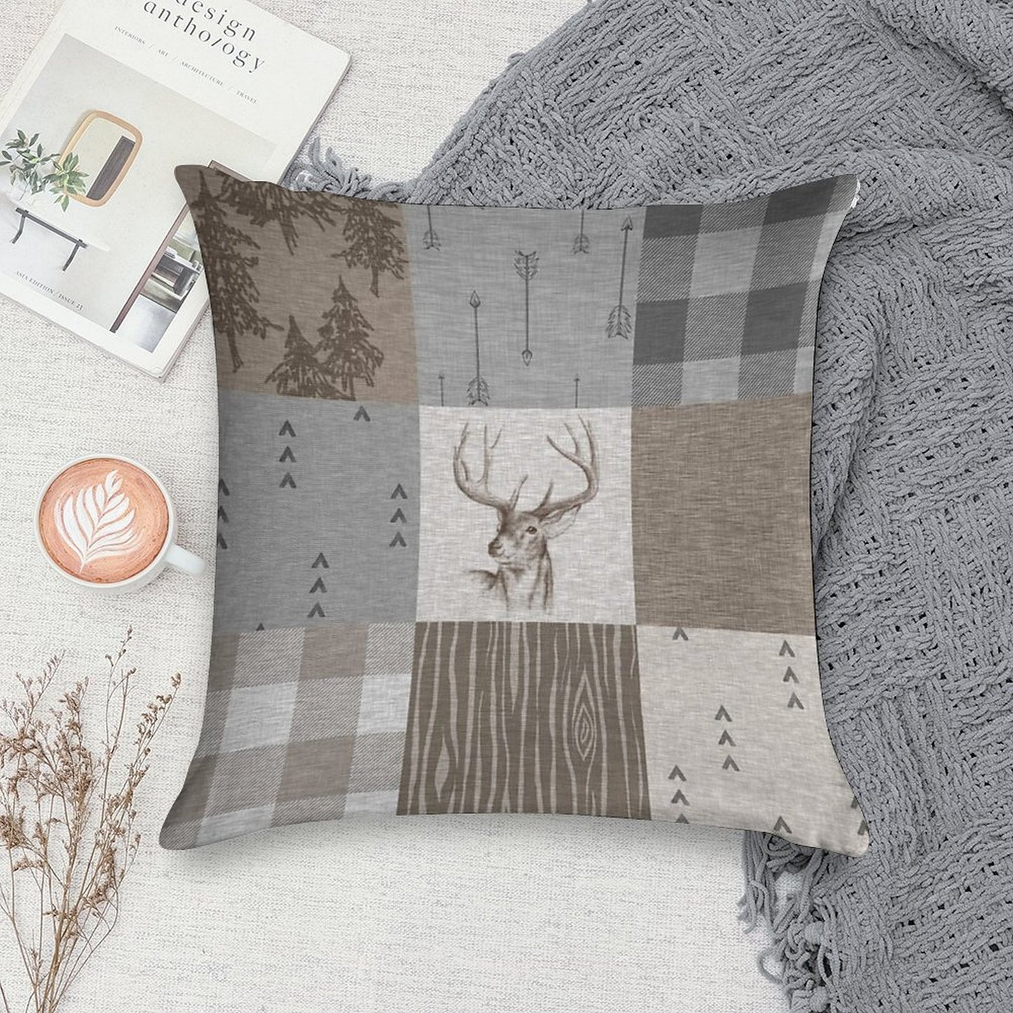 Deer Patchwork - Rustic Neutrals Soft Warmth Comfort Throw Pillow