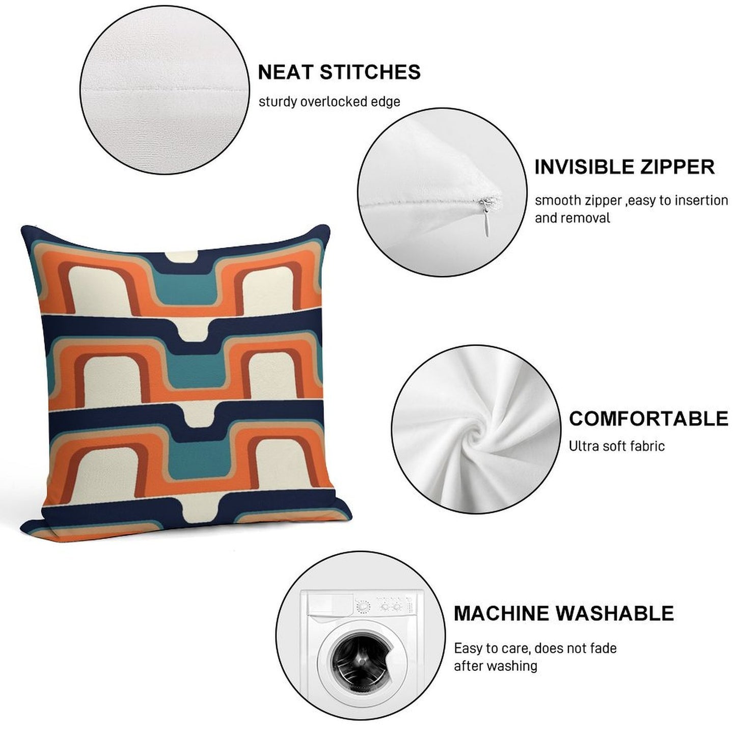Mid-Century Modern Meets 1970s Orange & Blue Soft Short Plush Fabric Throw Pillow