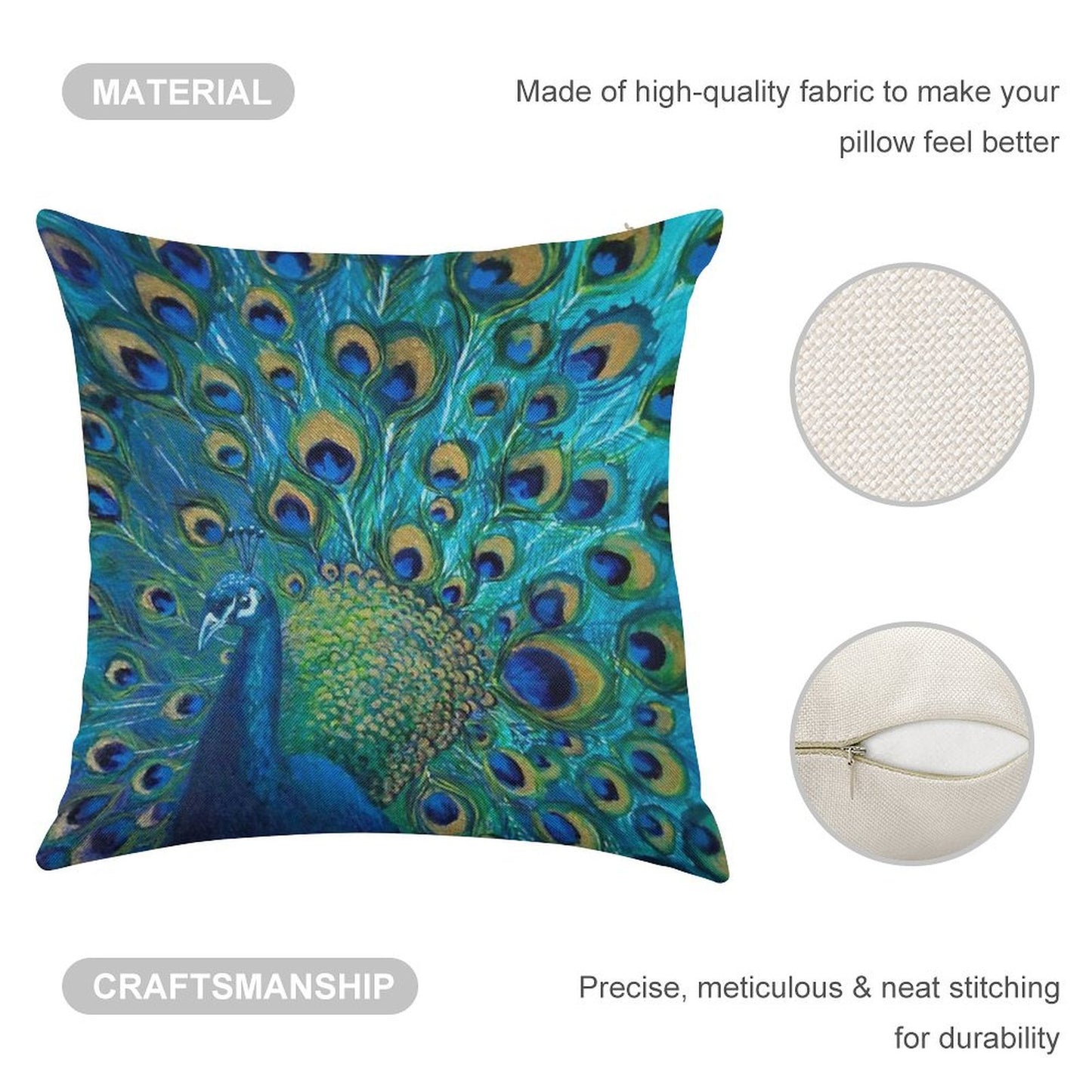Peacock Full Glory 2 Linen Throw Pillow Cover