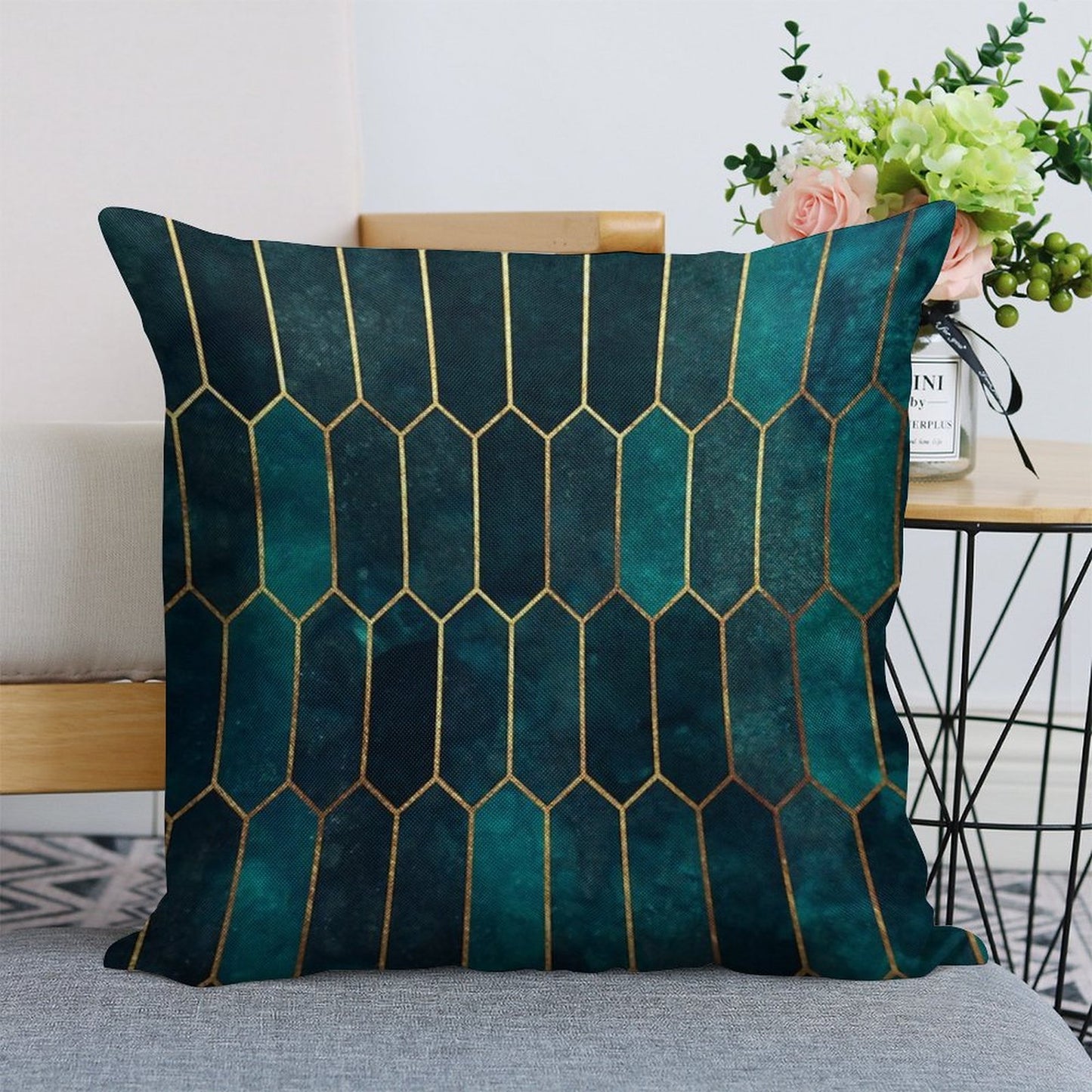 Deep Teal And Blue Gold  Pattern Linen Throw Pillow Cover