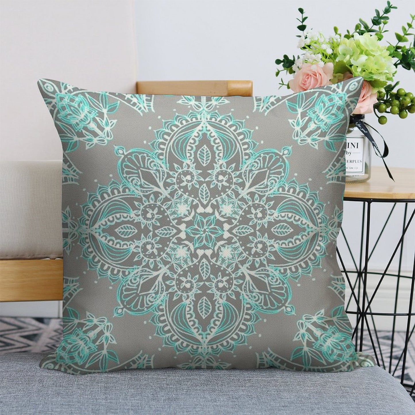 Teal And Aqua Lace Mandala on Grey Linen Throw Pillow Cover
