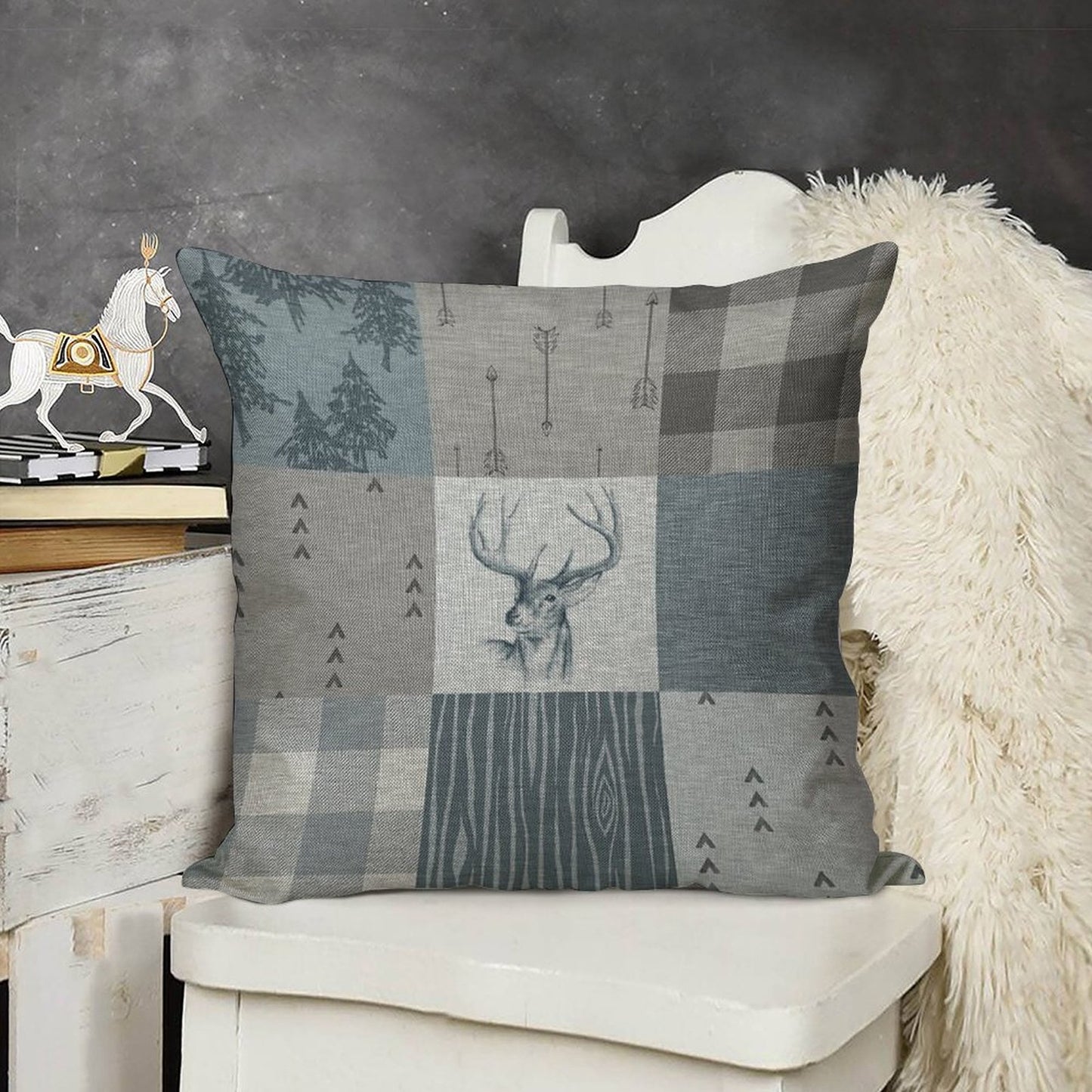 Deer Patchwork - Rustic Blue And Grey Linen Throw Pillow Cover