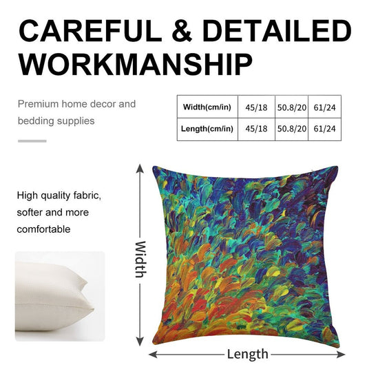 FOLLOW THE CURRENT 1, Bold Colorful Abstract Acrylic Painting Ocean Waves Blue Orange Splash Ombre Fine Art Linen Throw Pillow Cover