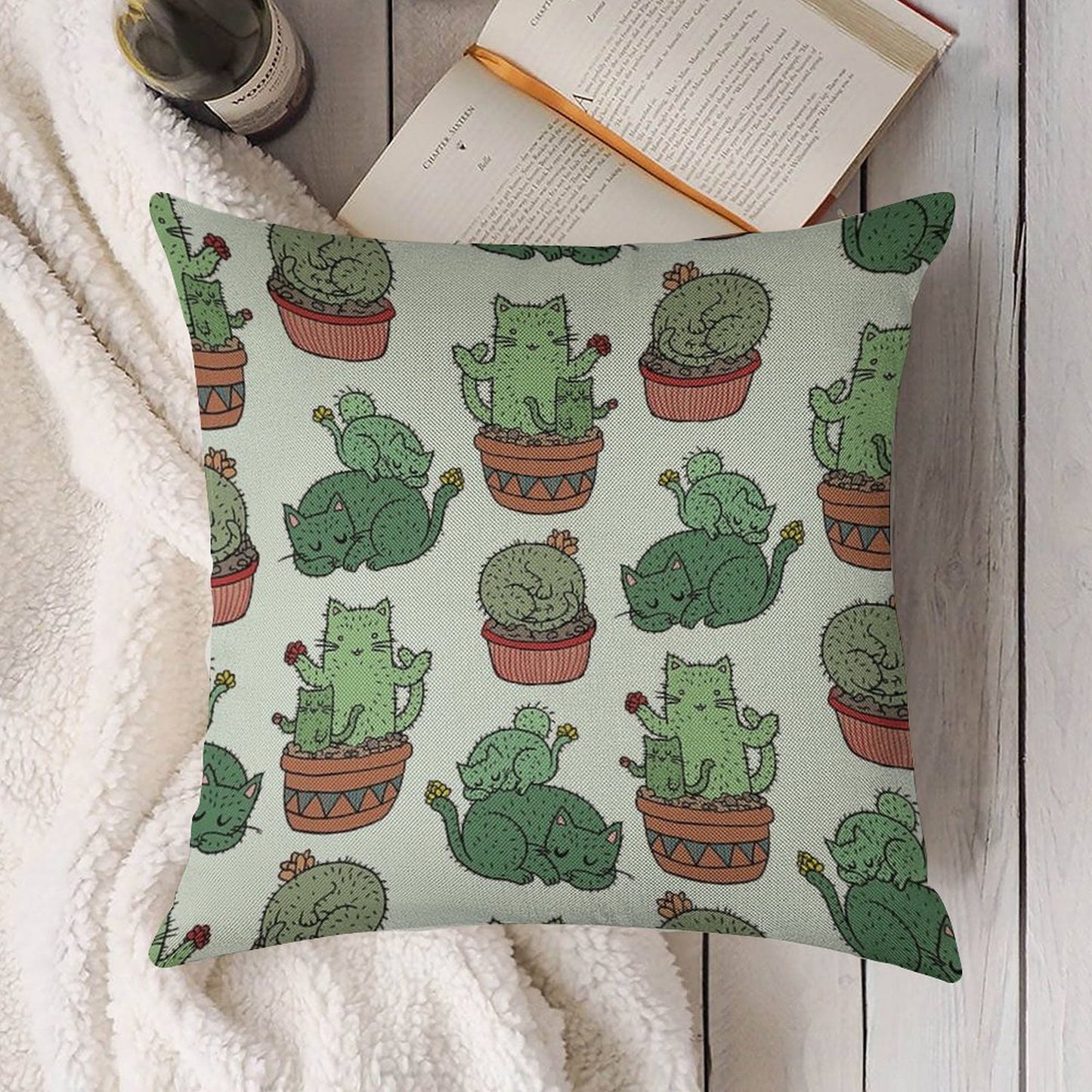 Cactus Cats Linen Throw Pillow Cover