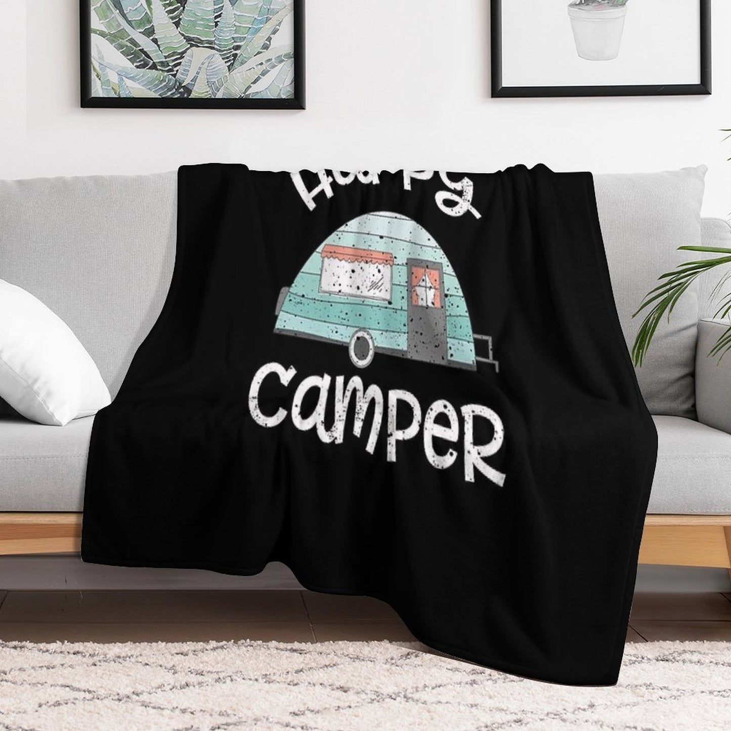 Happy Camper Retro Trailer RV Caravan Camping Throw Blanket