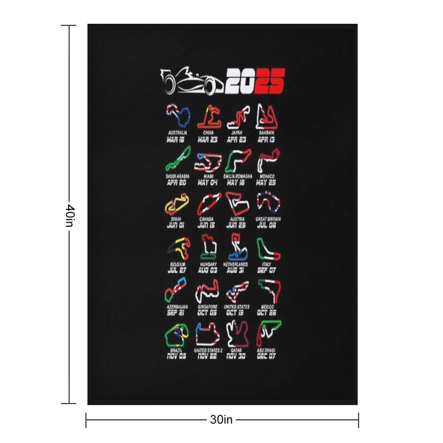 Calendar Formula Race Cars 2025 Circuits Colors Throw Blanket