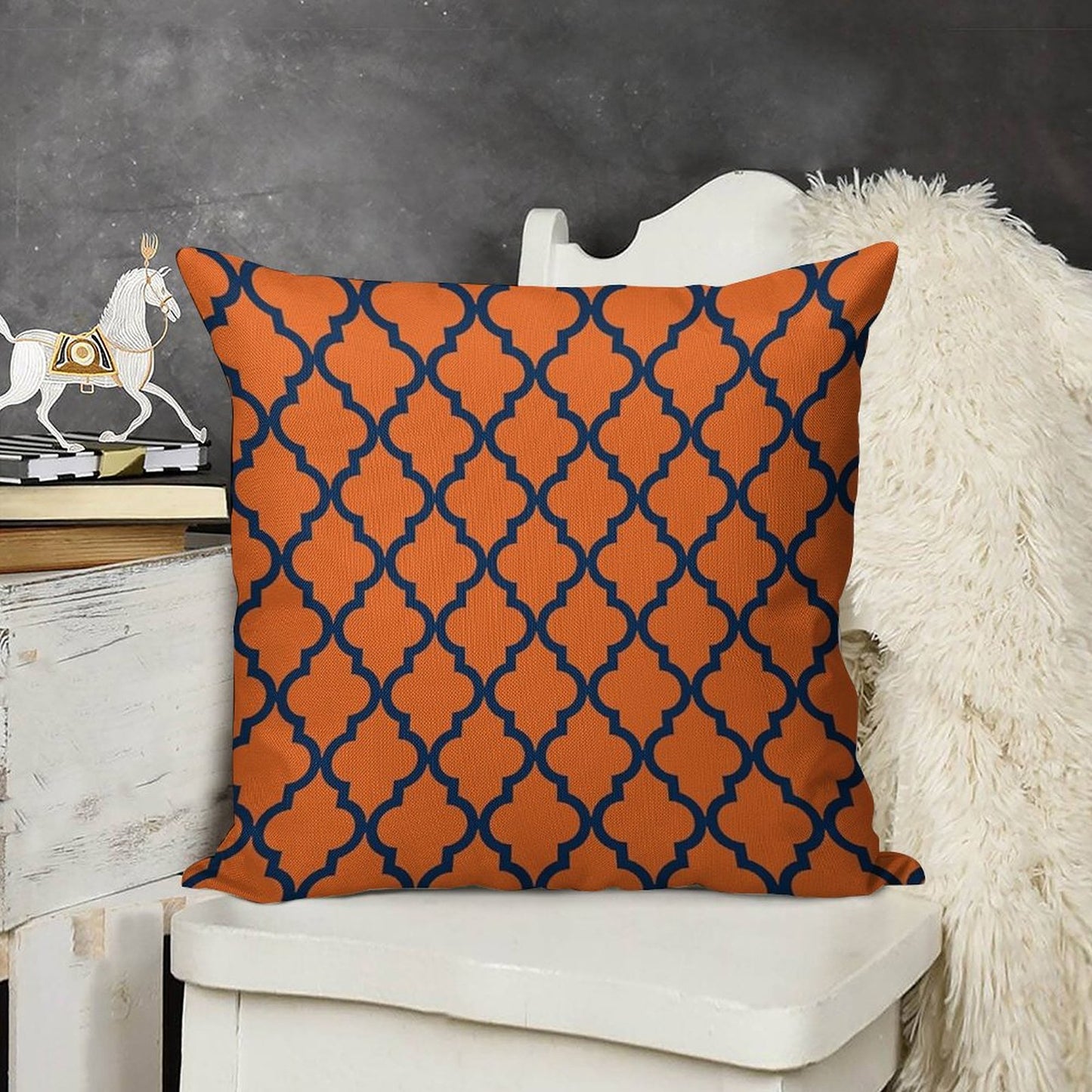 Moroccan Pattern Navy Blue & Orange Linen Throw Pillow Cover
