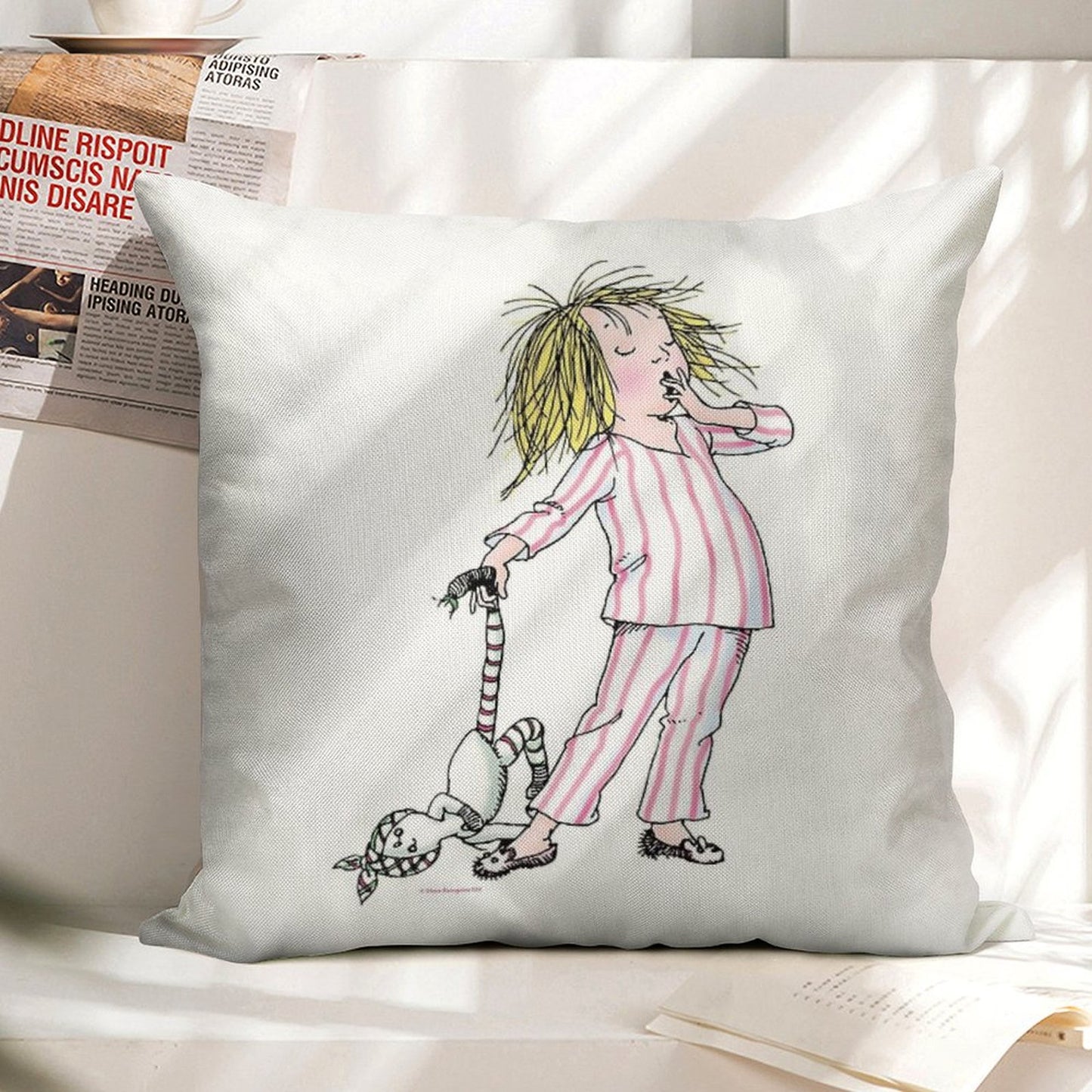 Yawning Eloise in Her Pajamas Linen Throw Pillow Cover