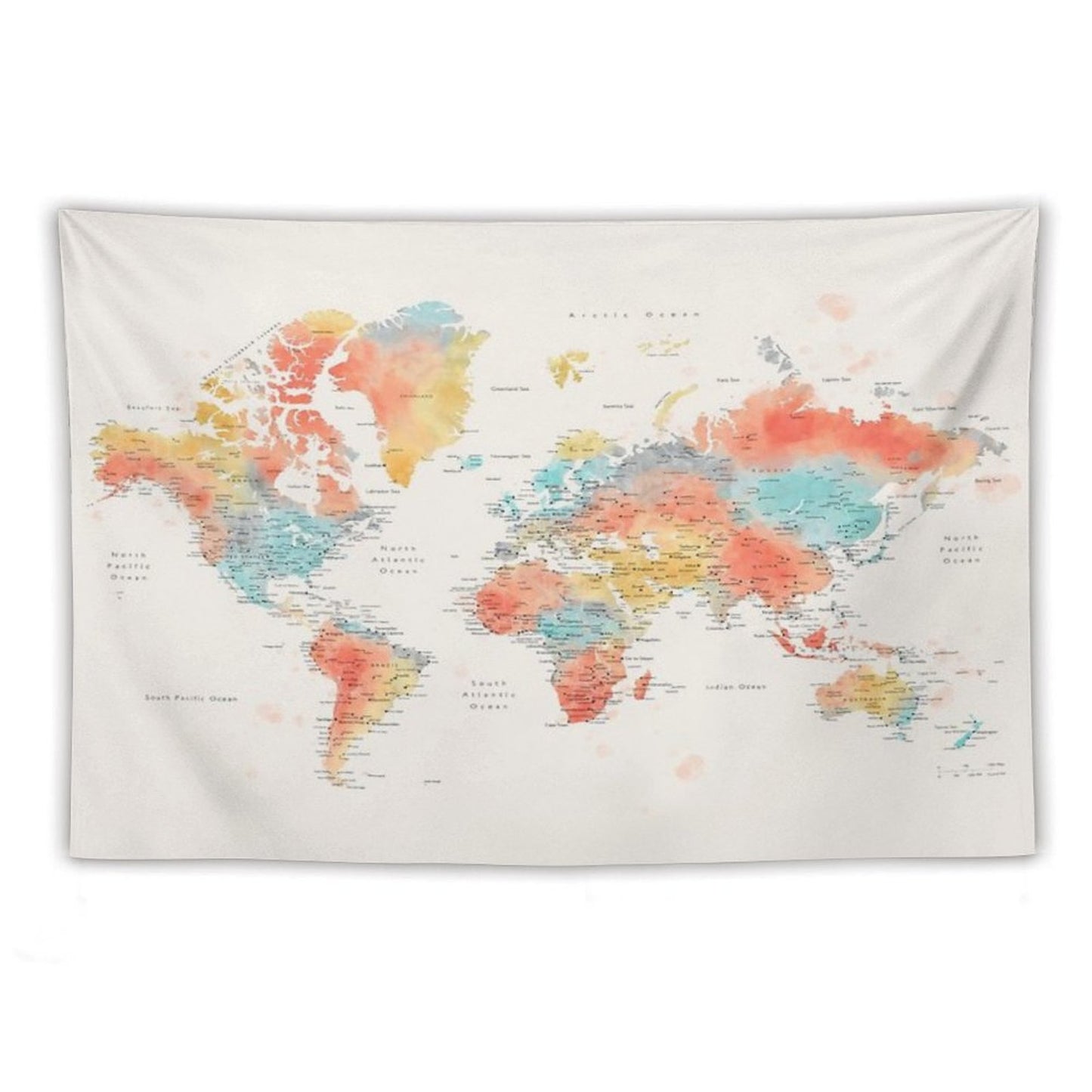 Colorful Watercolor Detailed World Map Tapestry