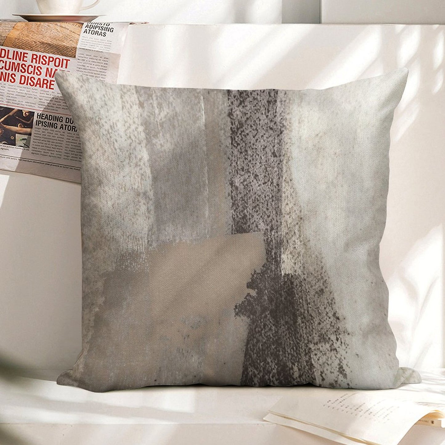 Taupe And Charcoal Grey Modern Abstract Painting Linen Throw Pillow Cover