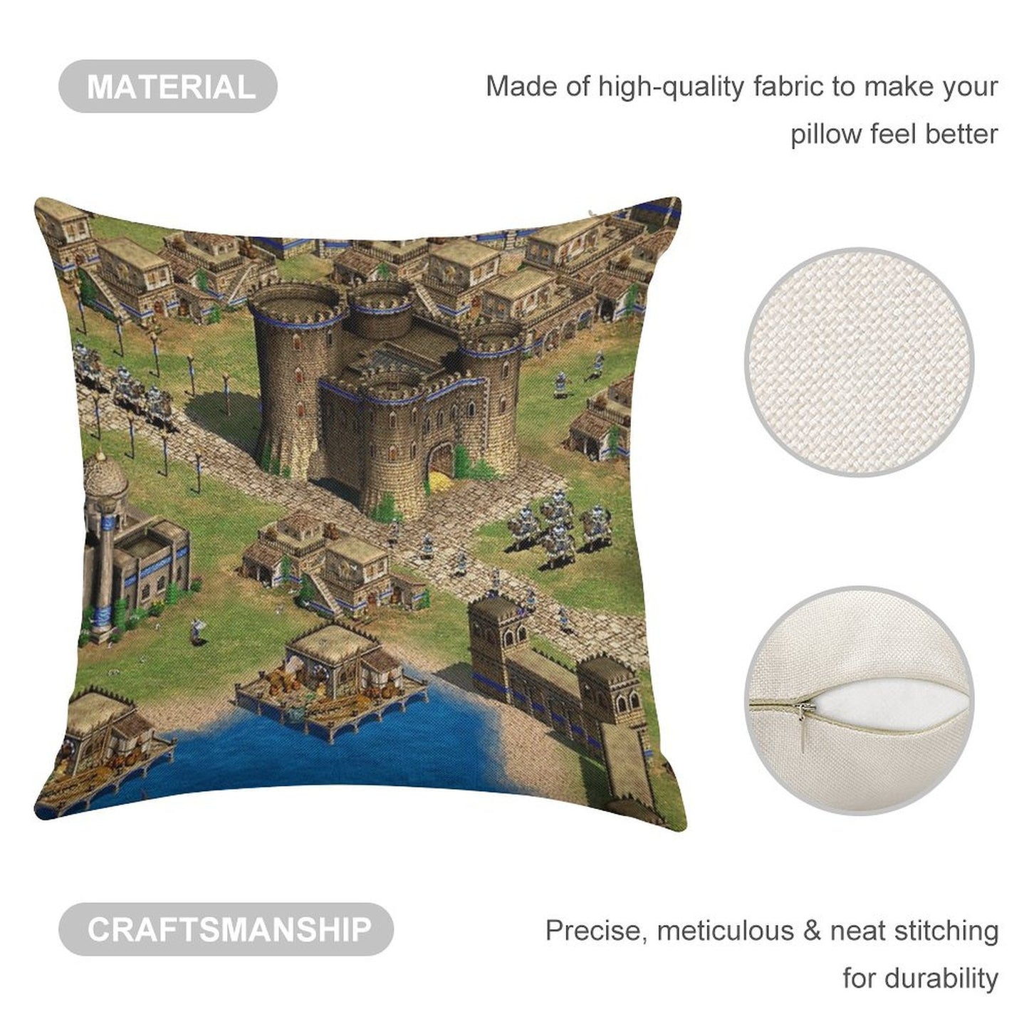 Age of Empires 2 Oriental Town Linen Throw Pillow Cover