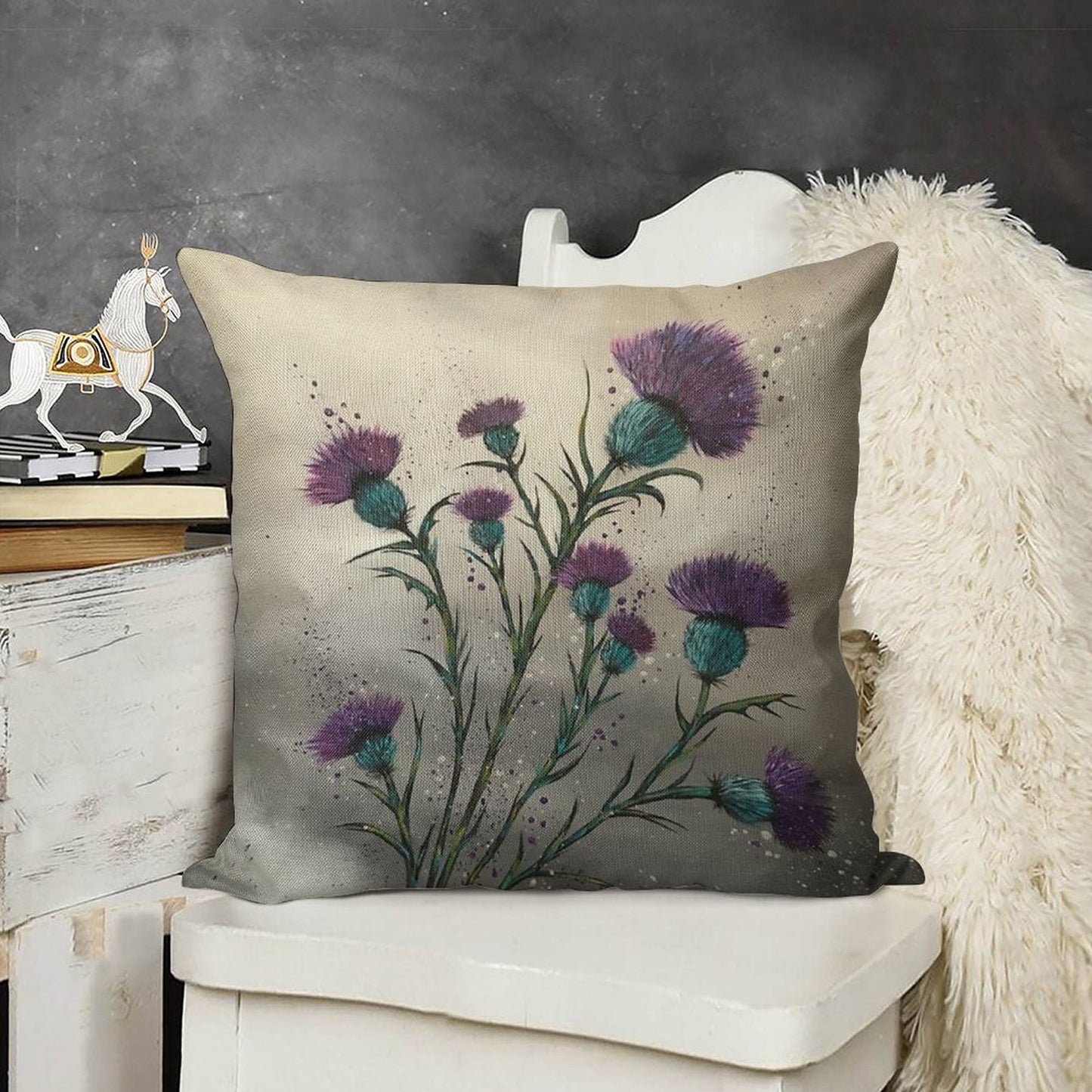 Scottish Traditional Purple Thistle Linen Throw Pillow Cover