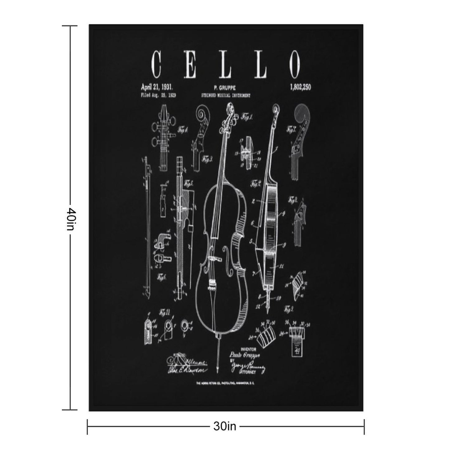 Cello Vintage Patent Cellist Drawing Print Throw Blanket