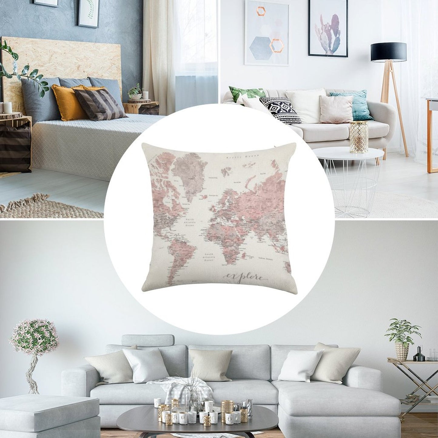 Explore - Dusty Pink And Grey Watercolor World Map, Detailed Linen Throw Pillow Cover