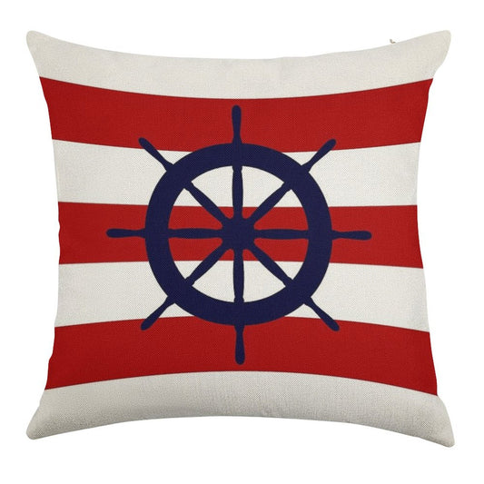 Nautical Navy Blue Ship's Steering Wheel On Red Stripes Linen Throw Pillow Cover