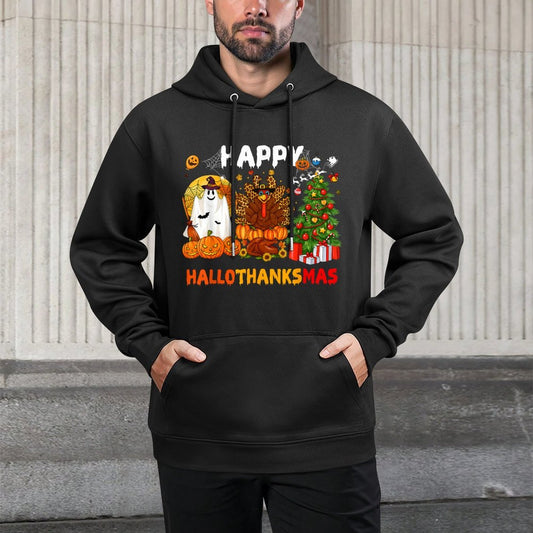 Retro Happy Hallothanksmas Halloween Thanksgiving Christmas Medium-Weight Fabric Hoodie