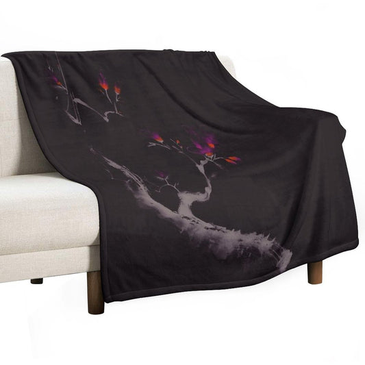 Enchanting Oriental Artwork of A Budding Sakura Branch with Deep Violet Flowers Art Print Throw Blanket