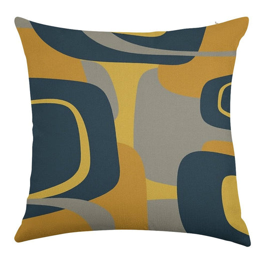 Mid Century Modern Retro Abstract Pattern in Navy Blue, Mustard Yellow, And Gray Linen Throw Pillow Cover