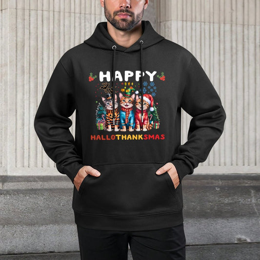 Happy HalloThanksMas Cats Halloween Thanksgiving Christmas Casual Wear Hoodie